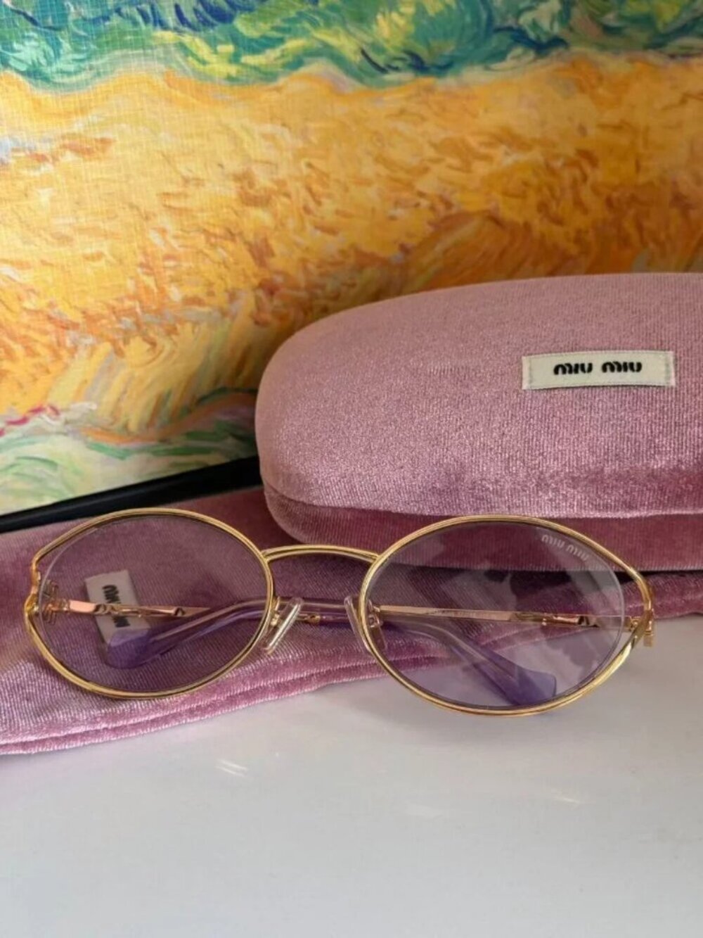 🕶️ Miu Miu Gold Oval Sunglasses with Purple Lenses ✨ - Picture 1 of 5